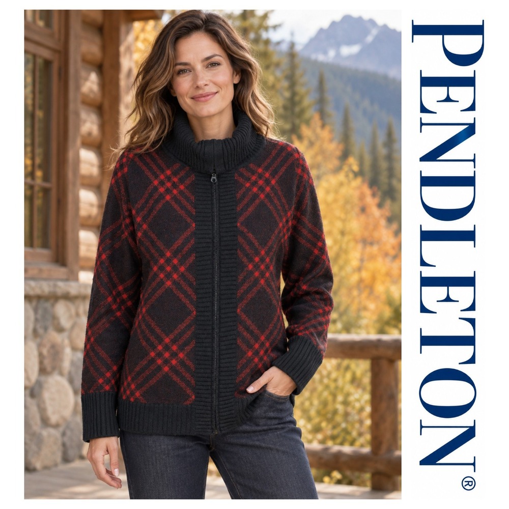 Pendleton Womens Vtg Thick 100% Merino Wool Red/Black Full Zip Knit Cardigan XL